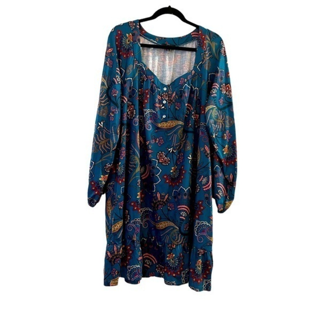 Suzanne Betro Aqua and Orange Paisley Floral Flowy Long Sleeved Dress